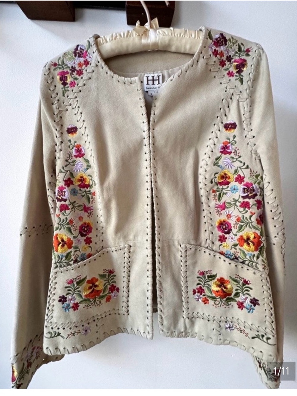 Embroidered Goat Suede Jacket Floral Boho Silk Lined Haute Hippie Whipstitch - Picture 3 of 11